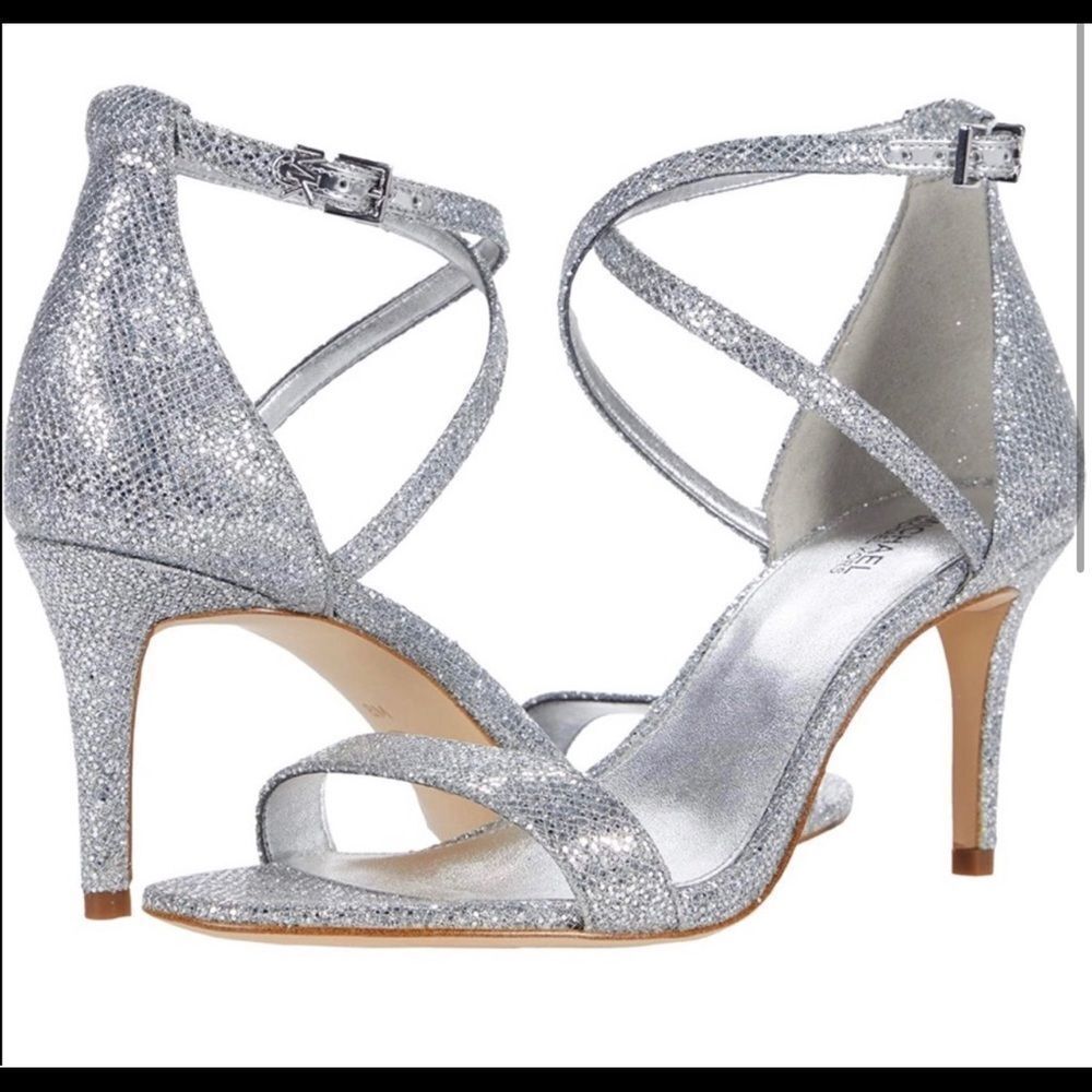 Michael Kors Ava Mid Sandal in Silver Glitter Mesh- Size 9 and 9.5 $125